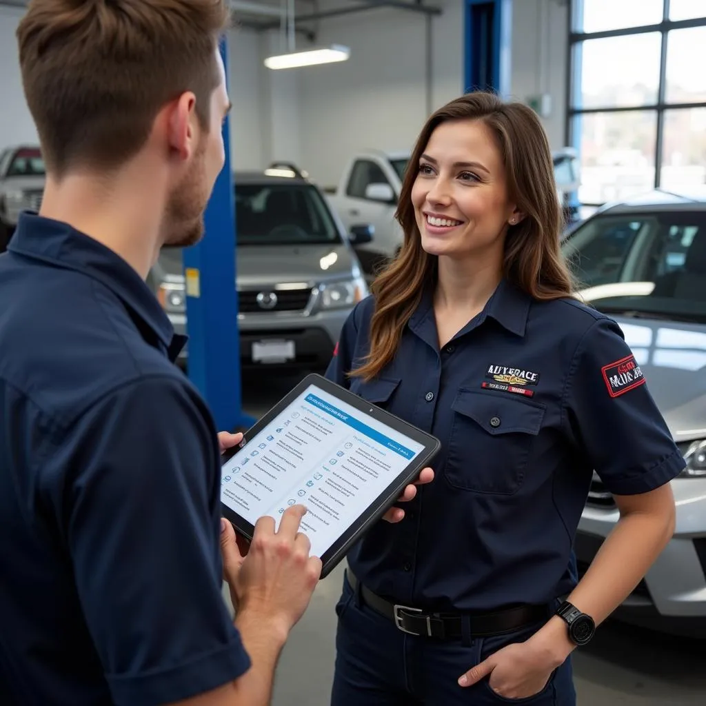 Mechanic explains car seat repair options to the owner