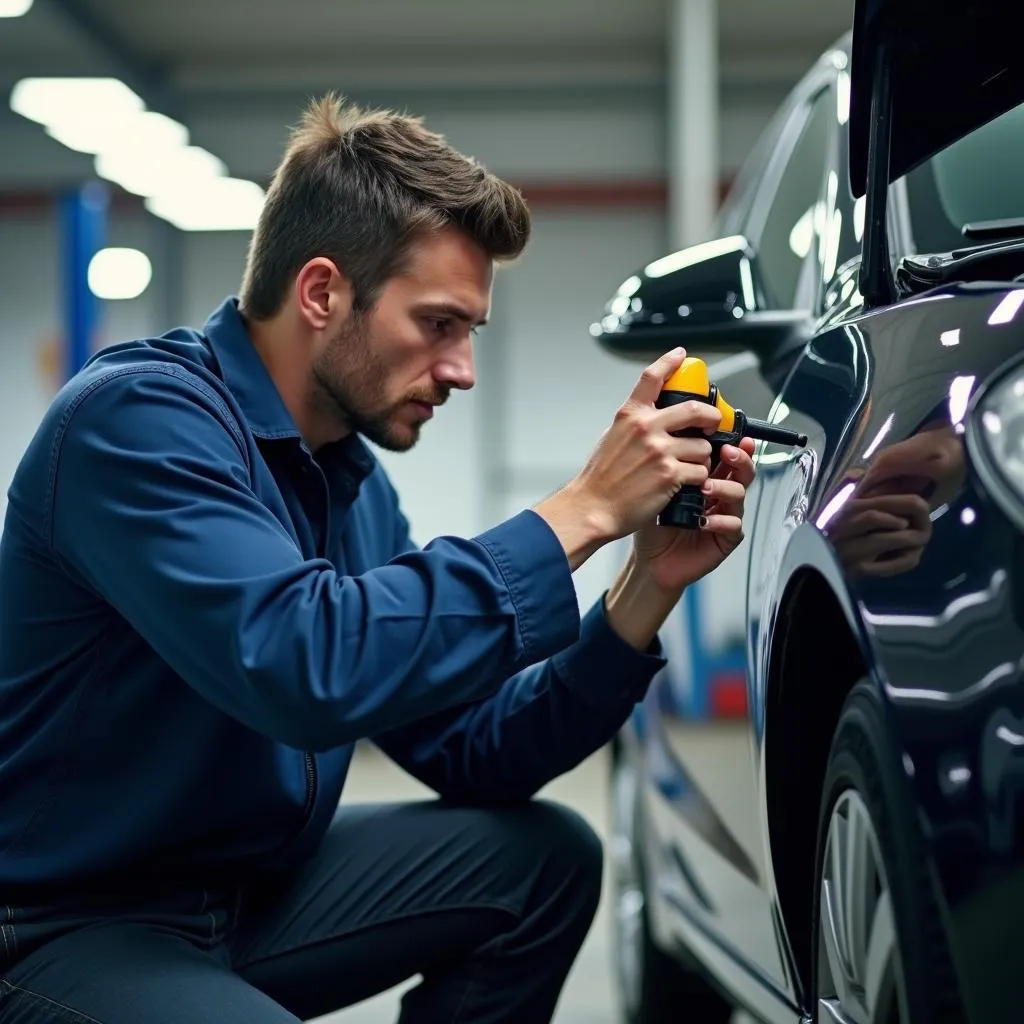 Mechanic inspecting damage on a car in Walsall