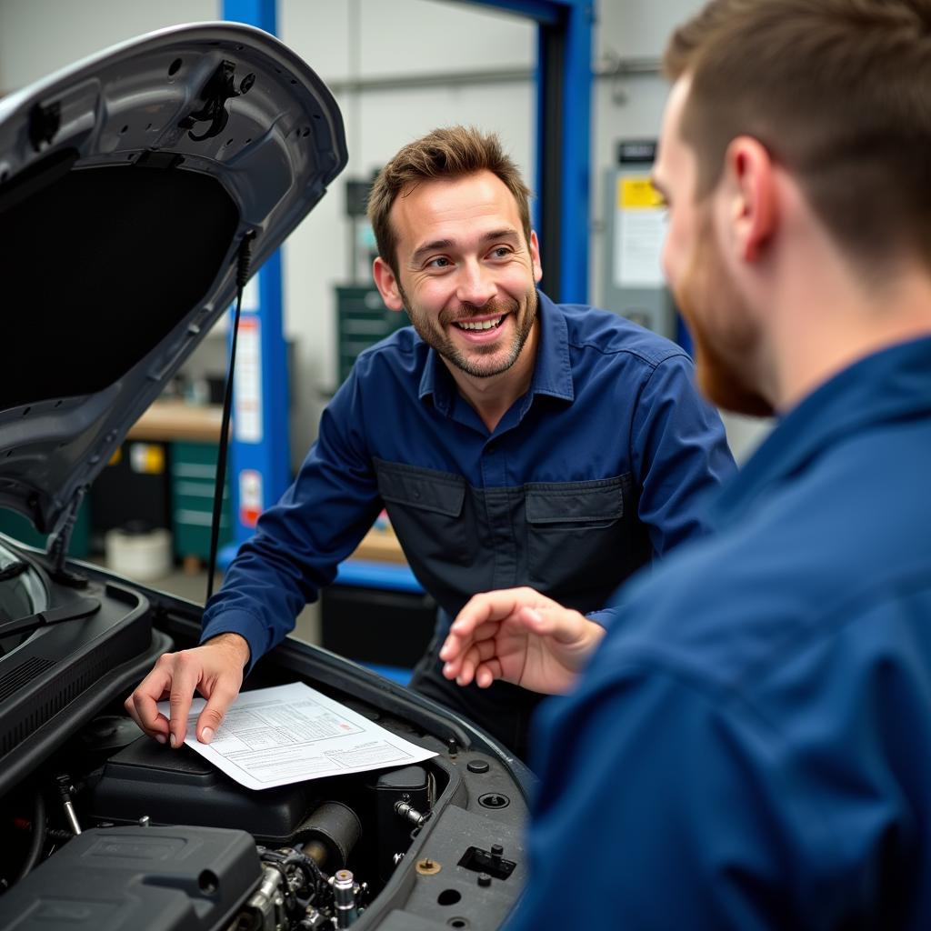 Mechanic Explaining Car Electrical Repair in Leicester