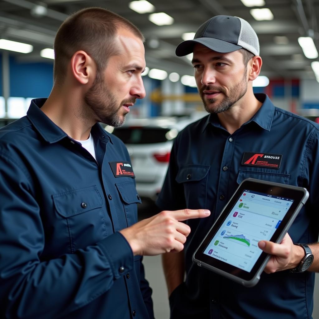 Mechanic Explaining Diagnostic Test Results to Car Owner