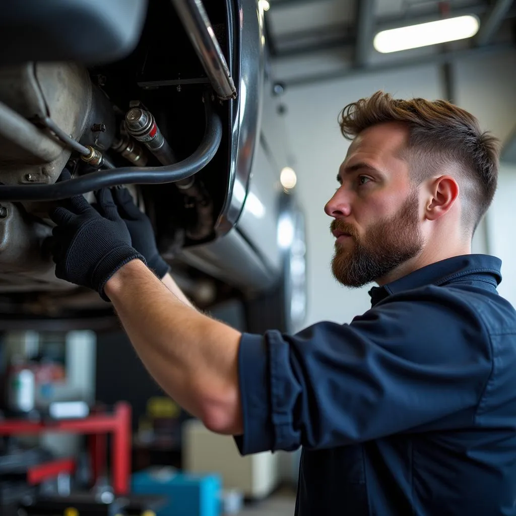 Mechanic Inspecting Car AC System