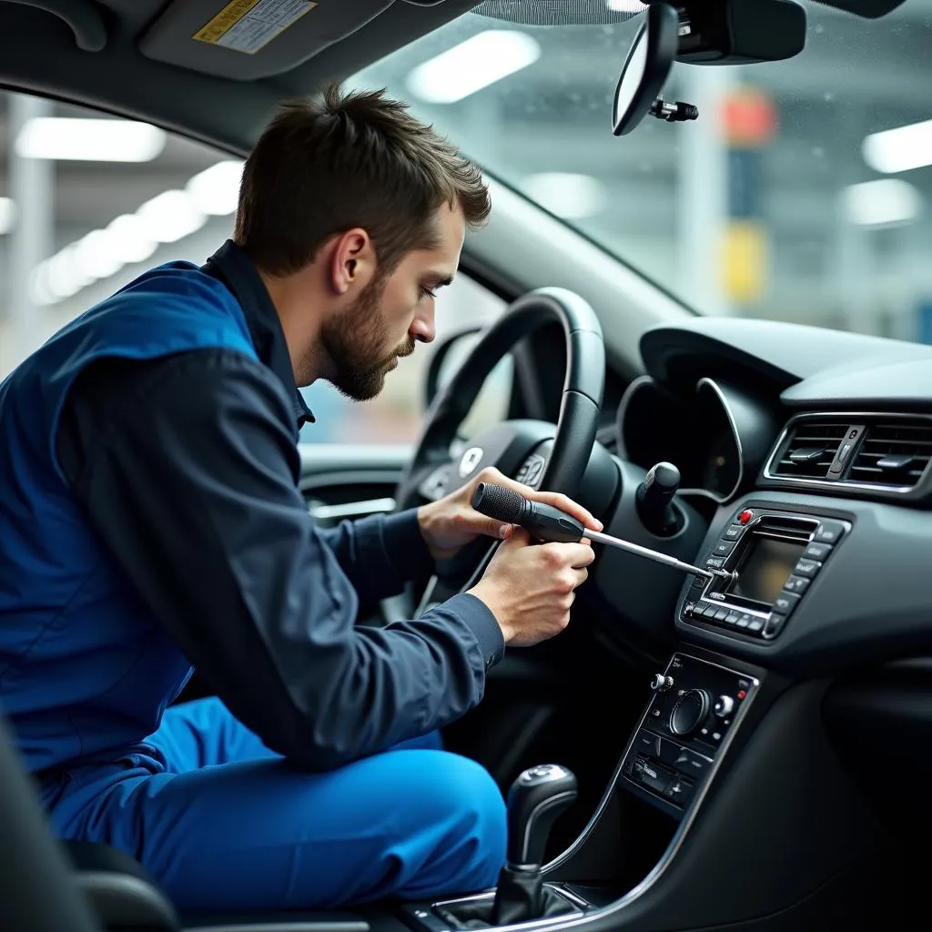 Mechanic inspecting the airbag system of a damaged car