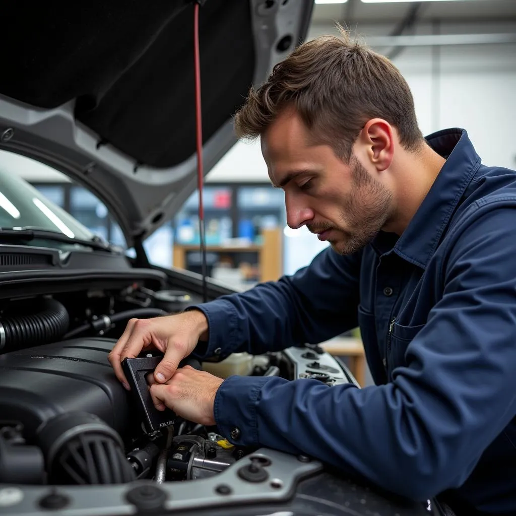 Mechanic inspecting car air conditioning system with tools