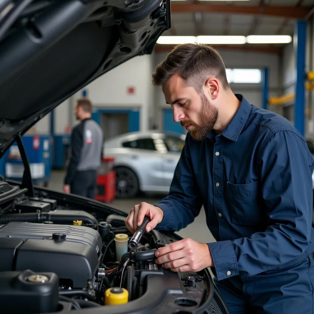 Mechanic Inspecting Car AC System for Problems