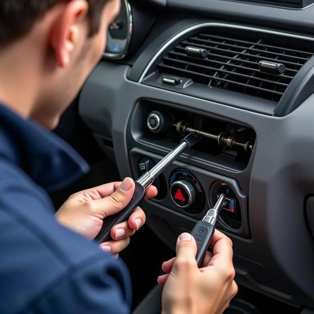 Mechanic inspecting car air conditioning system