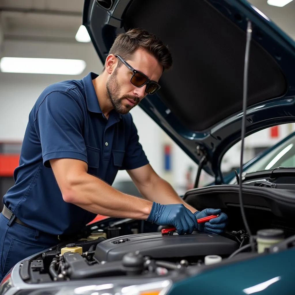 Mechanic Checking Car AC System