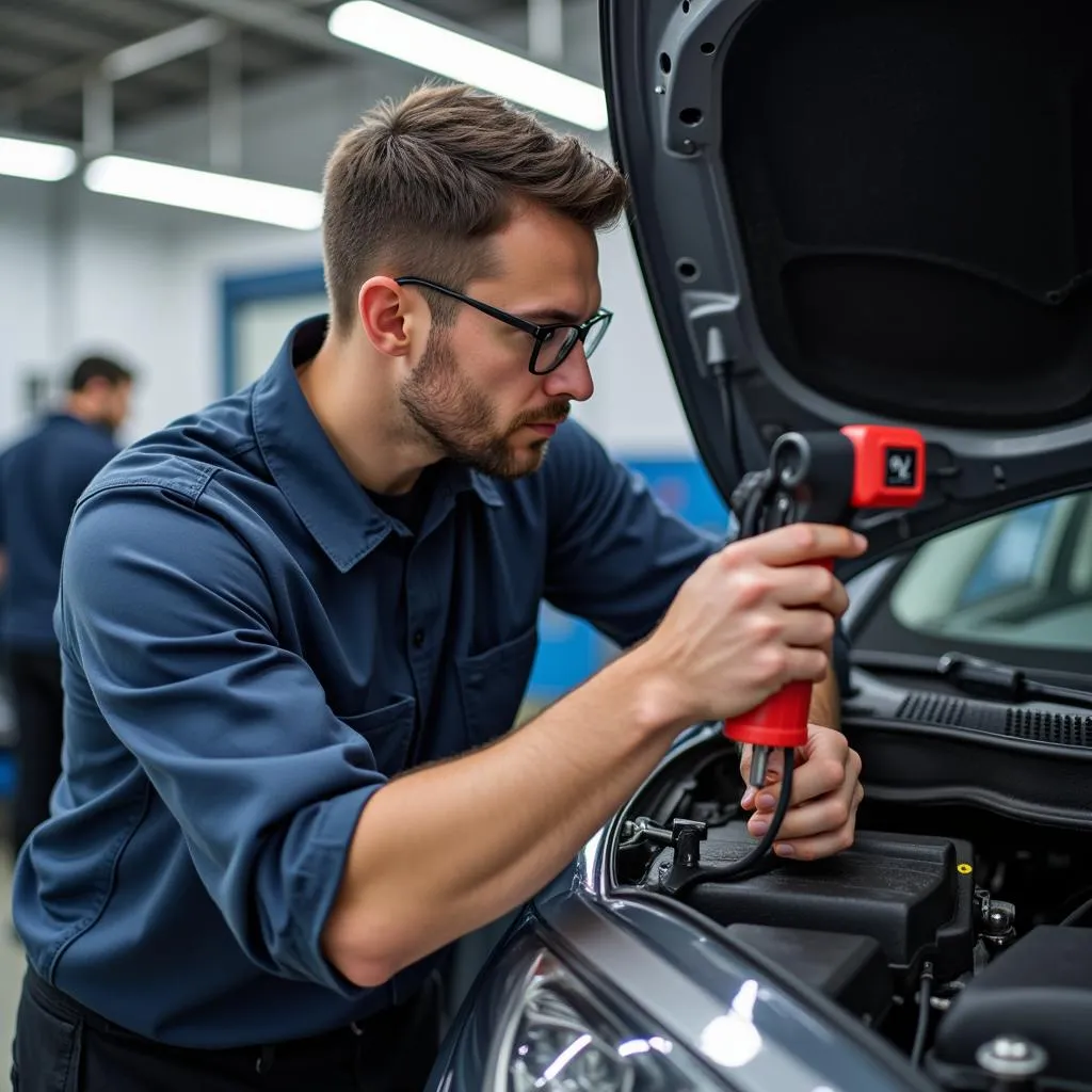 Mechanic Inspecting Car AC System