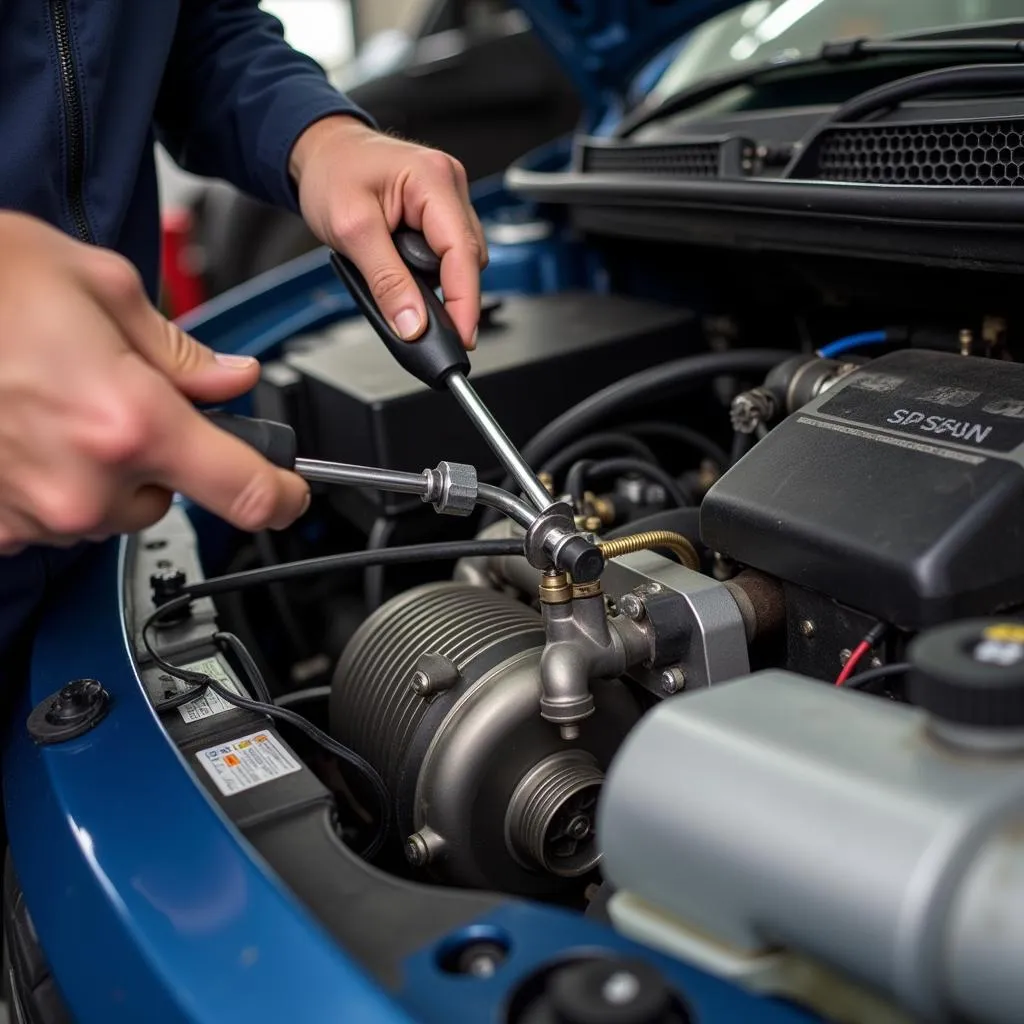 Mechanic inspecting car AC system