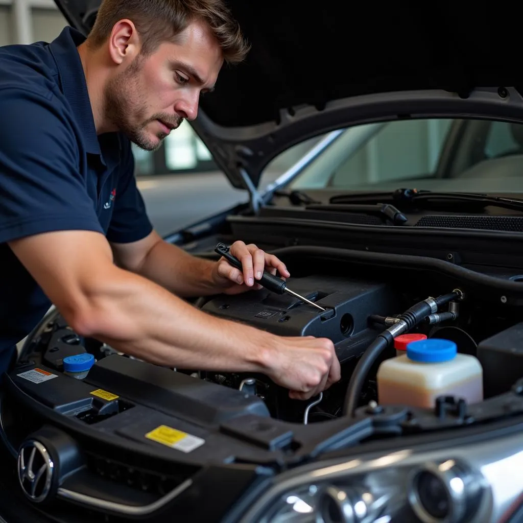 Mechanic Inspecting Car AC System