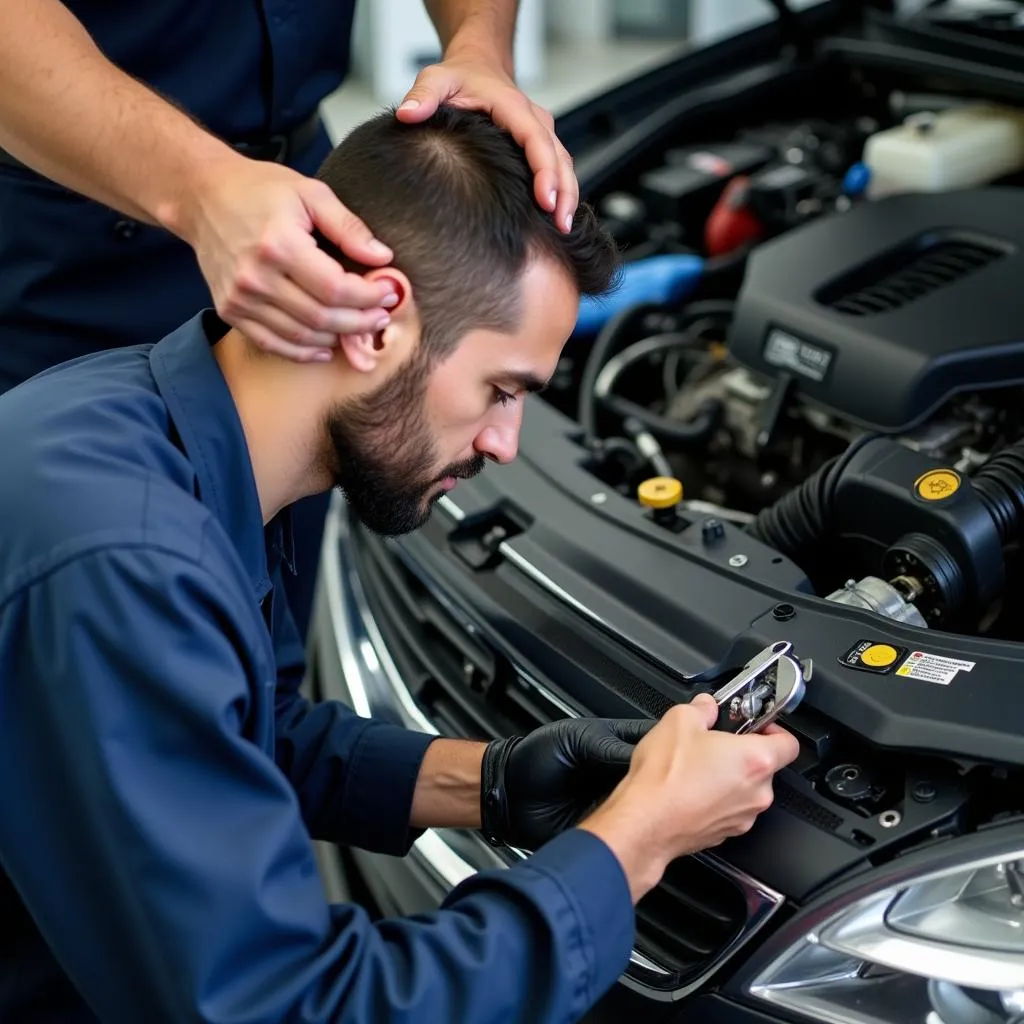 Mechanic inspecting car AC system with specialized tools