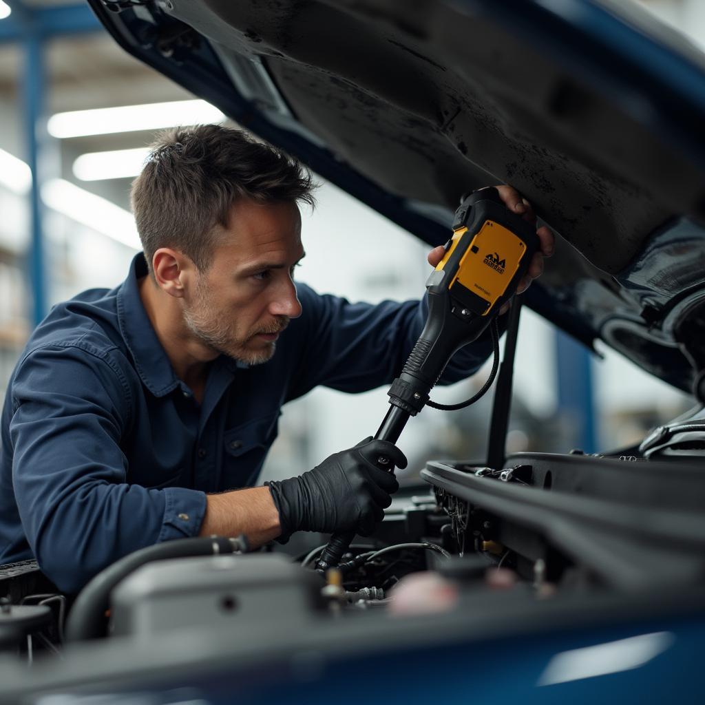 Mechanic Inspecting Car AC System 