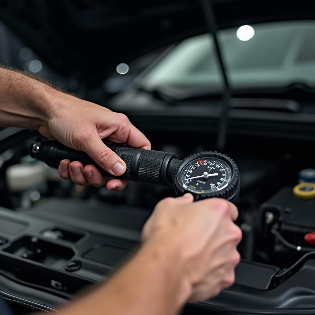 Mechanic inspecting car AC system