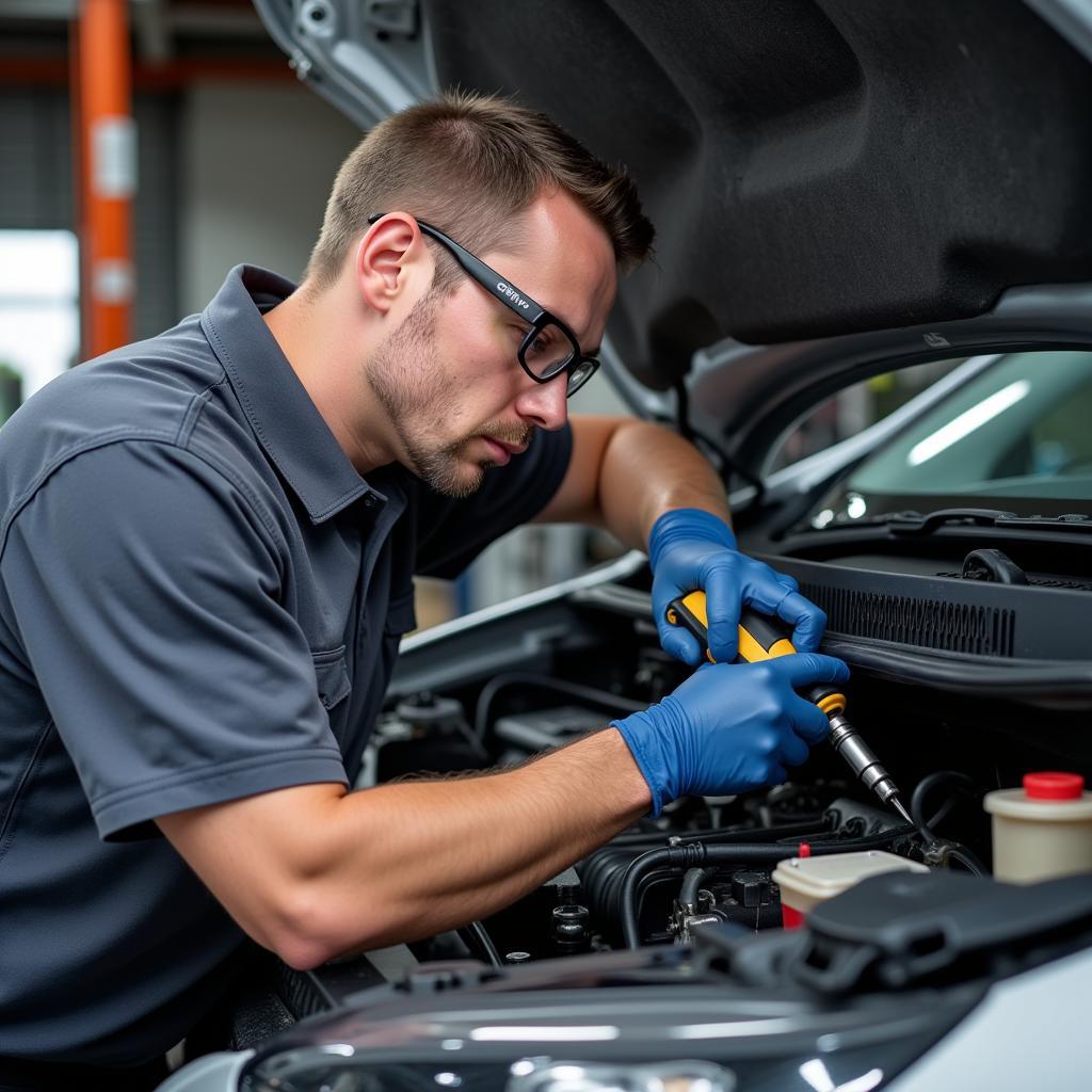 Mechanic Inspecting a Car's AC System