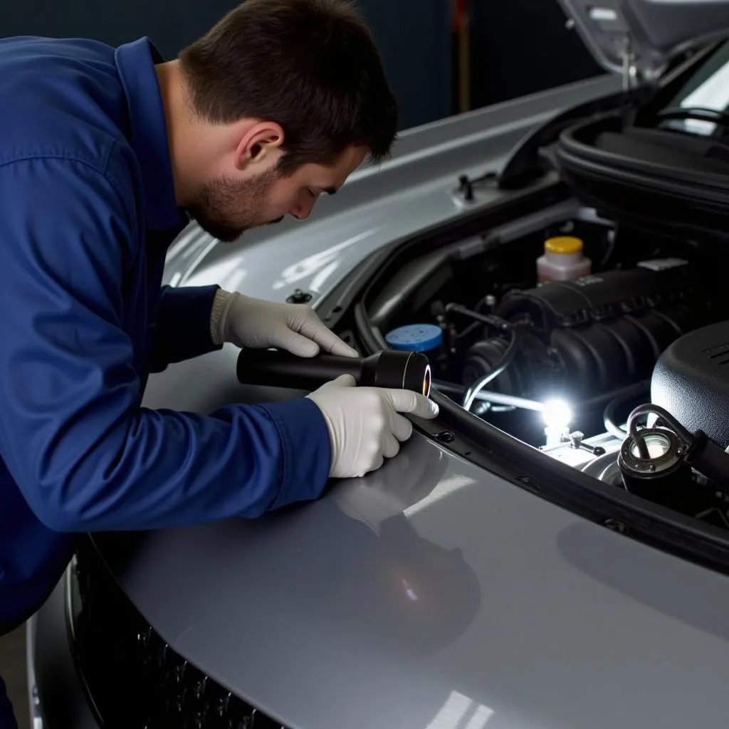 Mechanic Inspecting Car AC System After a Dent