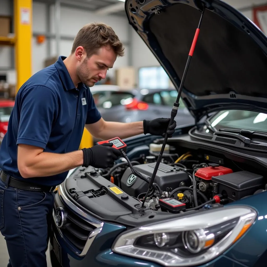 Mechanic Inspecting Car AC System for Leaks