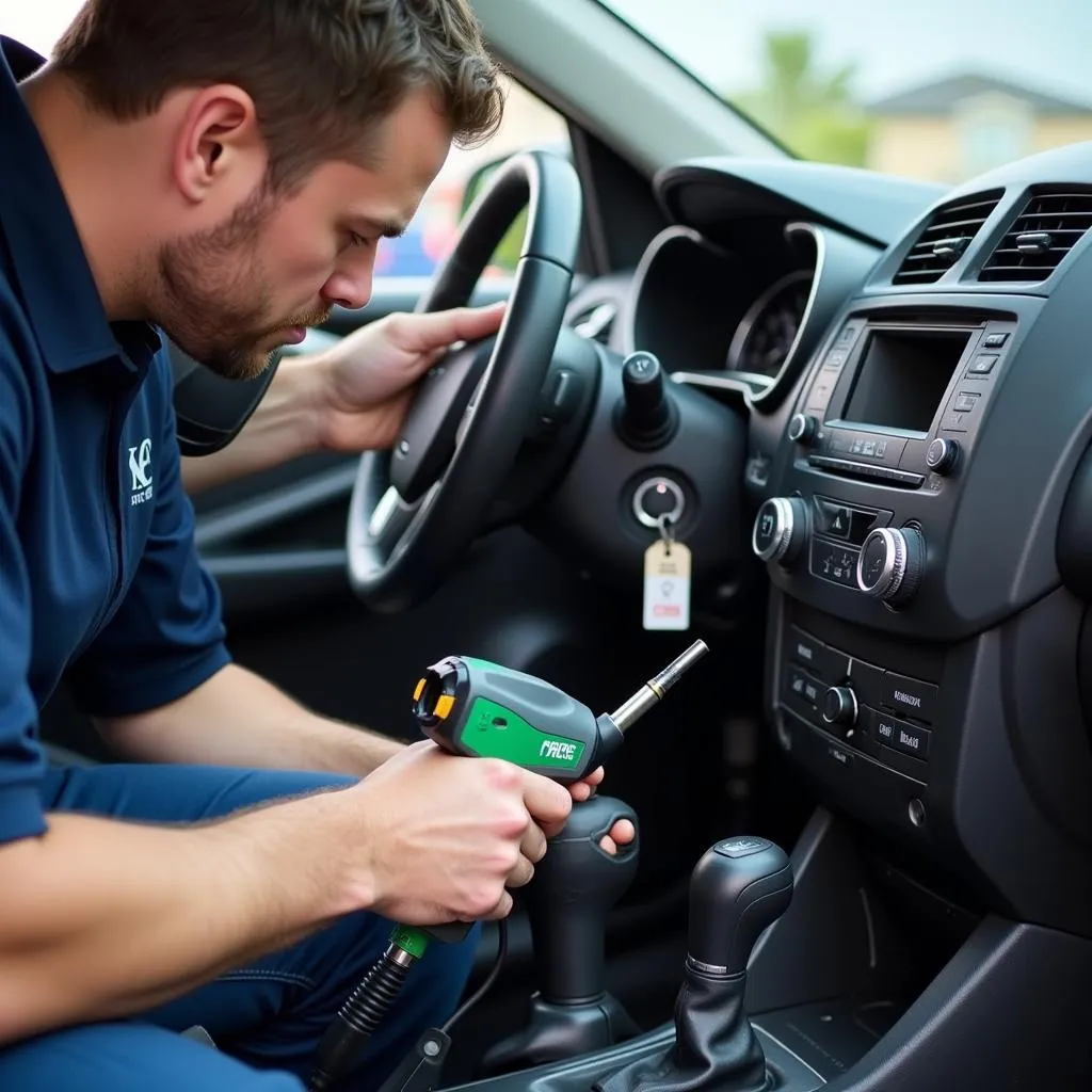 Mechanic Inspecting Car AC System for Refrigerant Leaks