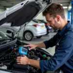 Mechanic inspecting car AC system in Kent garage