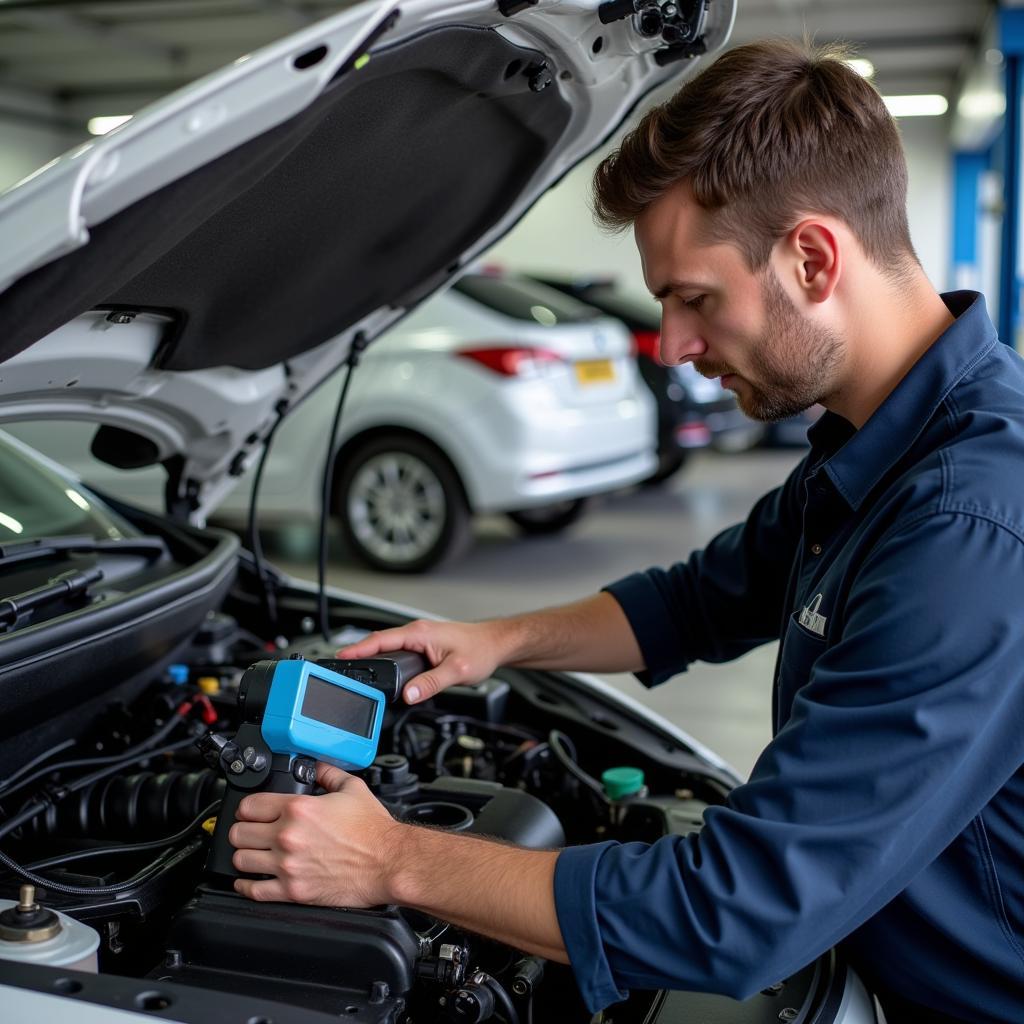 Mechanic inspecting car AC system in Kent garage