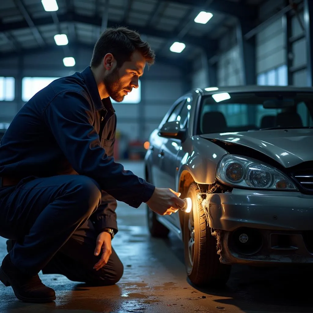 Mechanic inspecting a car after an accident