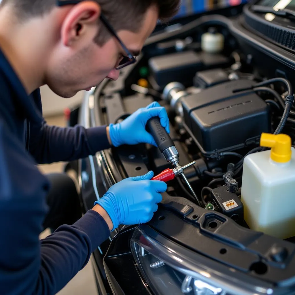 Mechanic Inspecting Car Air Conditioning System