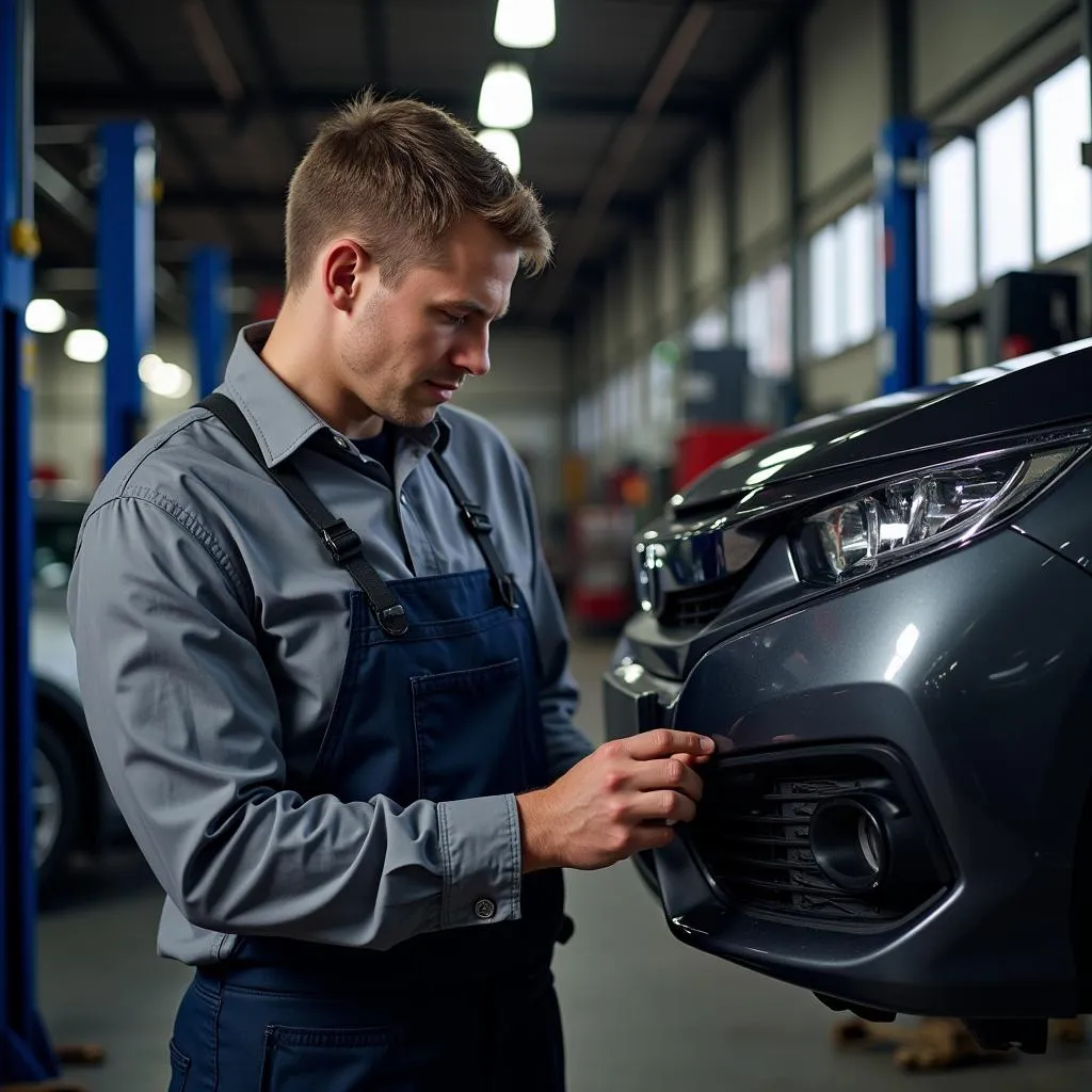 Mechanic Inspecting Car Bumper Damage