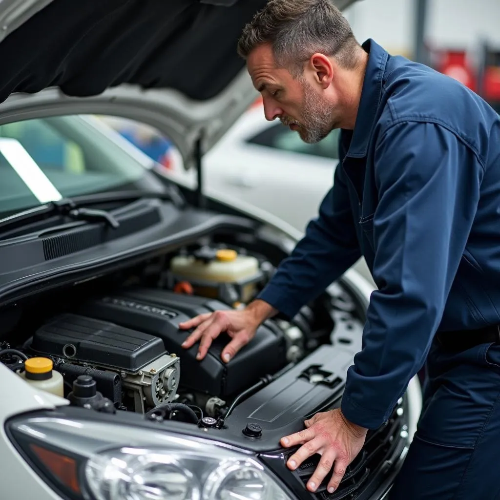 Mechanic Inspecting Car Damage After Airbag Deployment