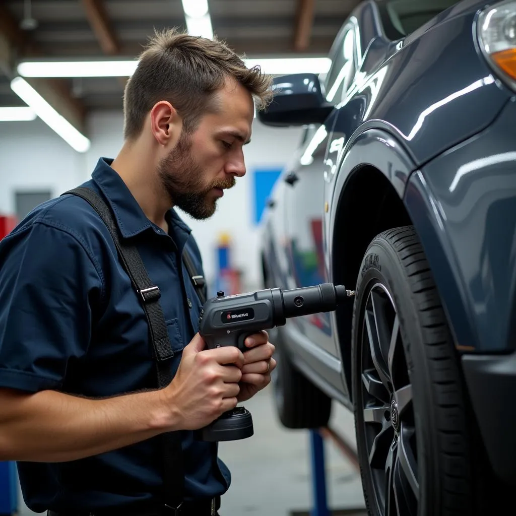 Mechanic inspecting car damage in a Bingley workshop