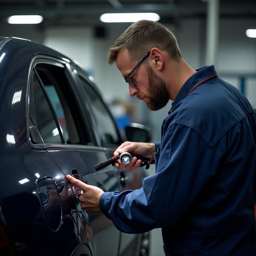 Mechanic Inspecting Car Door Damage