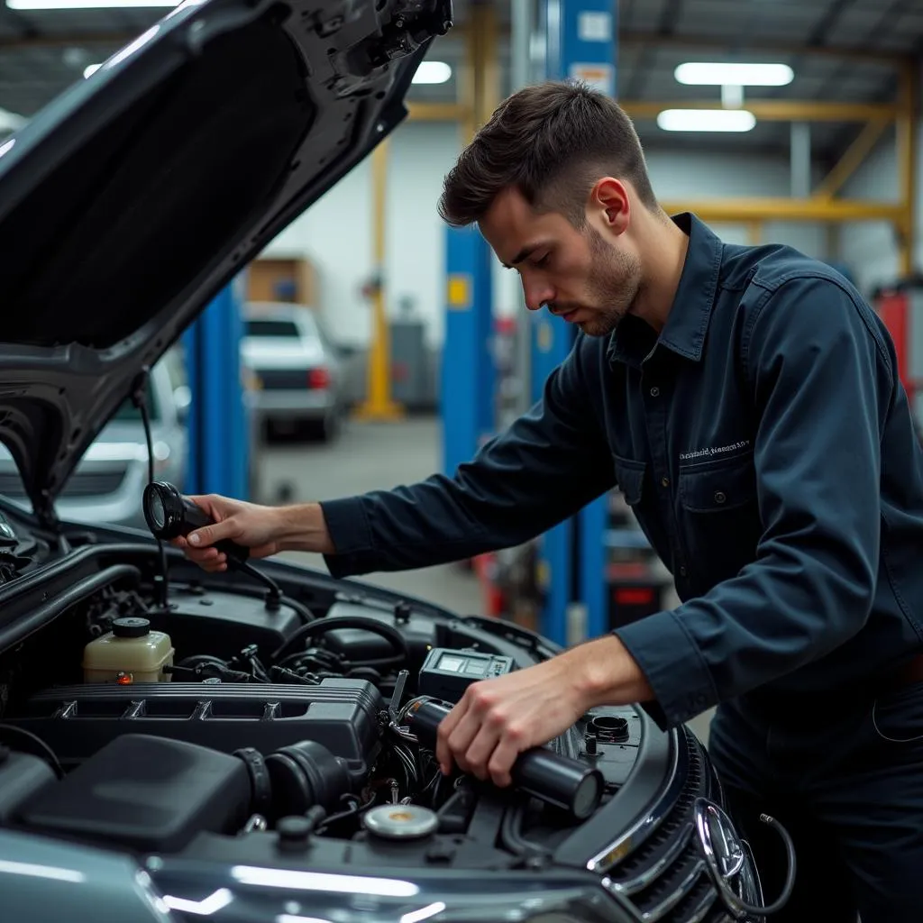 Experienced mechanic inspects car engine in Albany repair shop