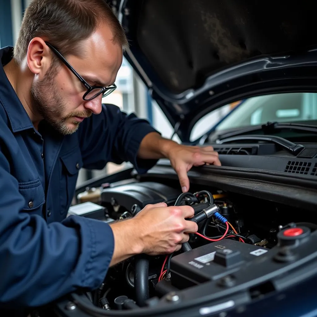 Mechanic Diagnosing Car Light Problem