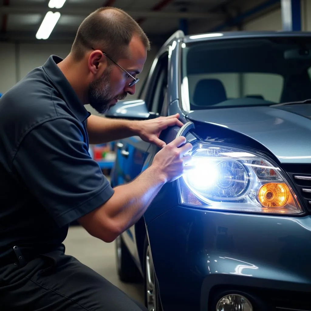 Mechanic Inspecting Car Headlights