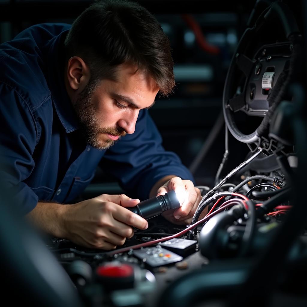 Mechanic Inspecting Car Power Seat Wiring Underneath a Seat