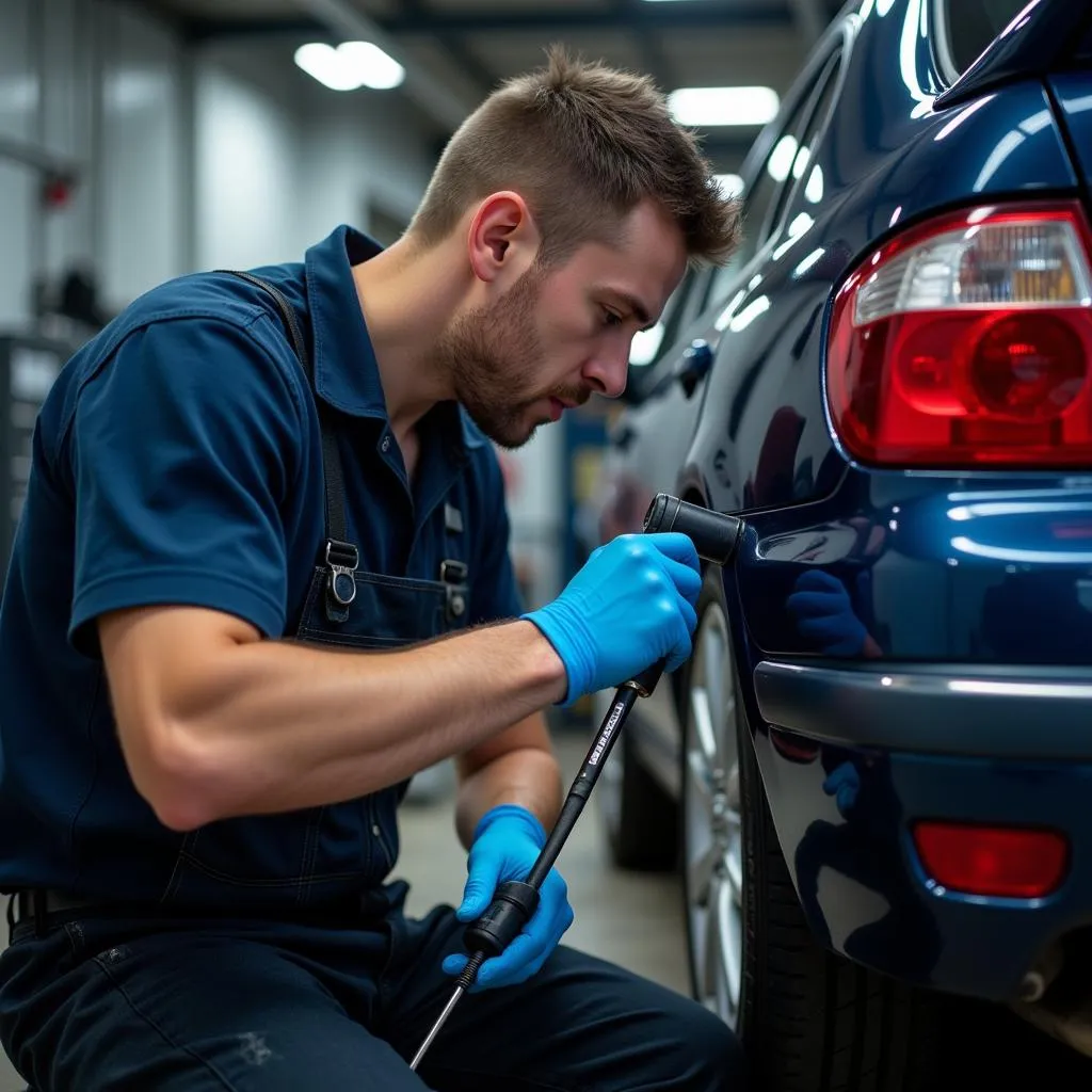 Mechanic inspecting a car's side light