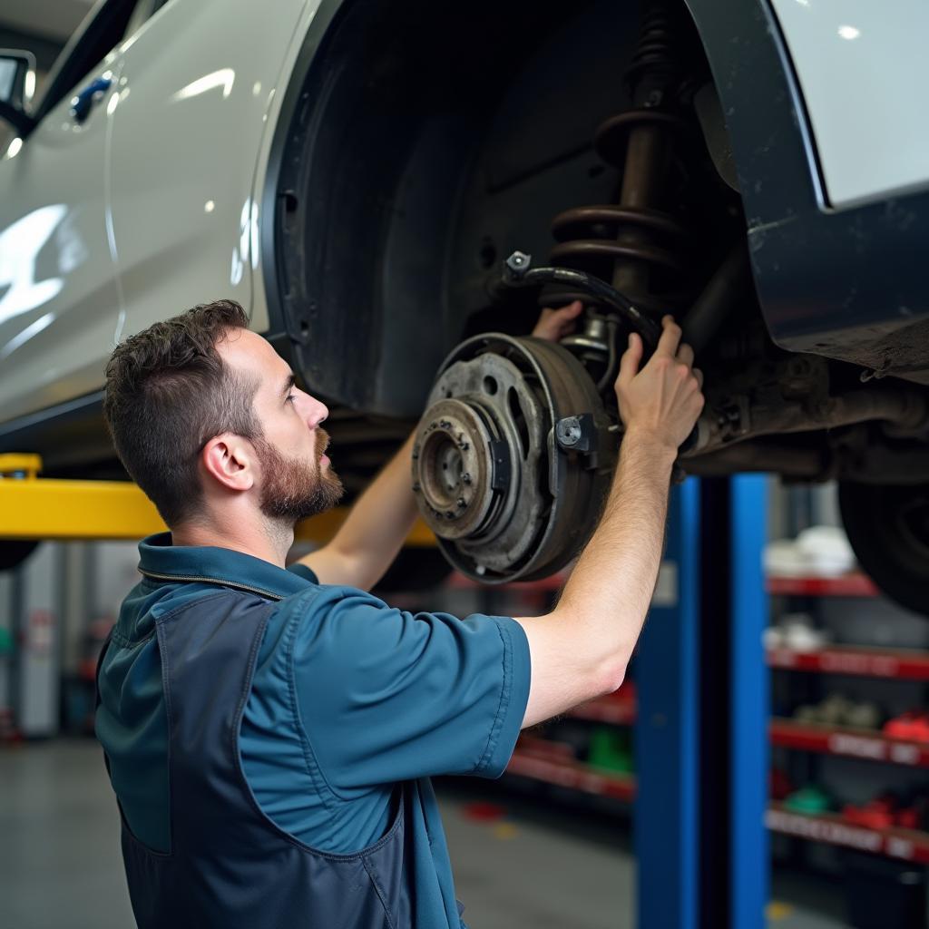 Mechanic inspecting car suspension