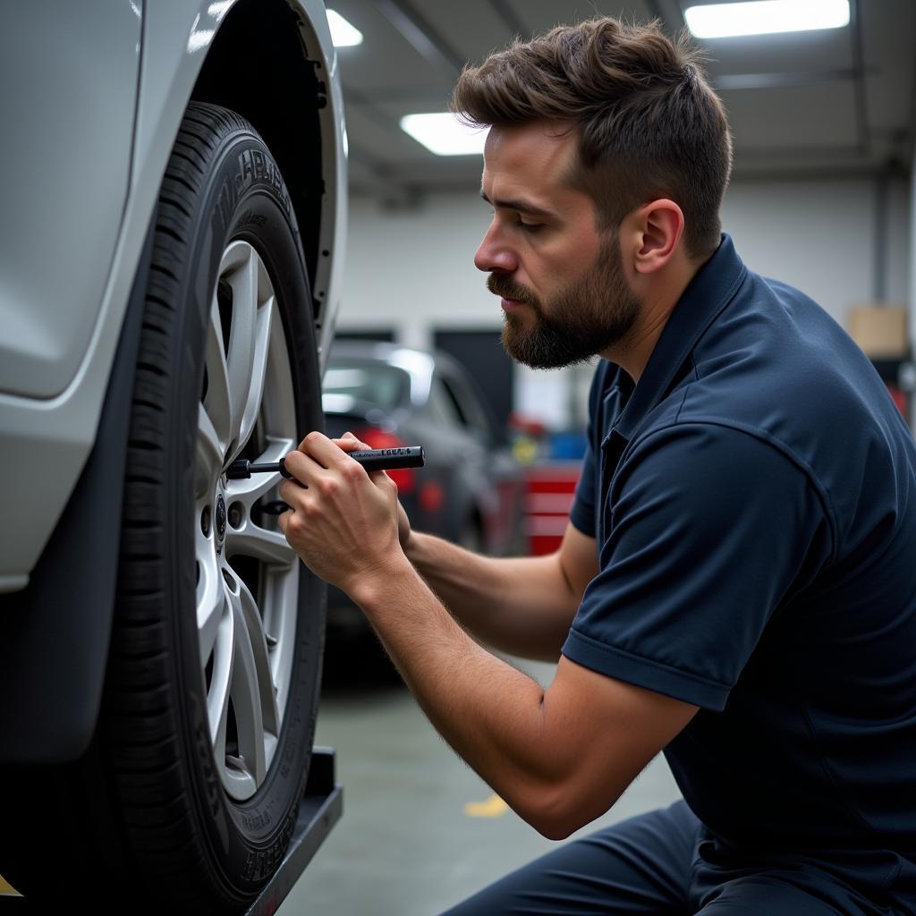 Mechanic Inspecting Car Tire