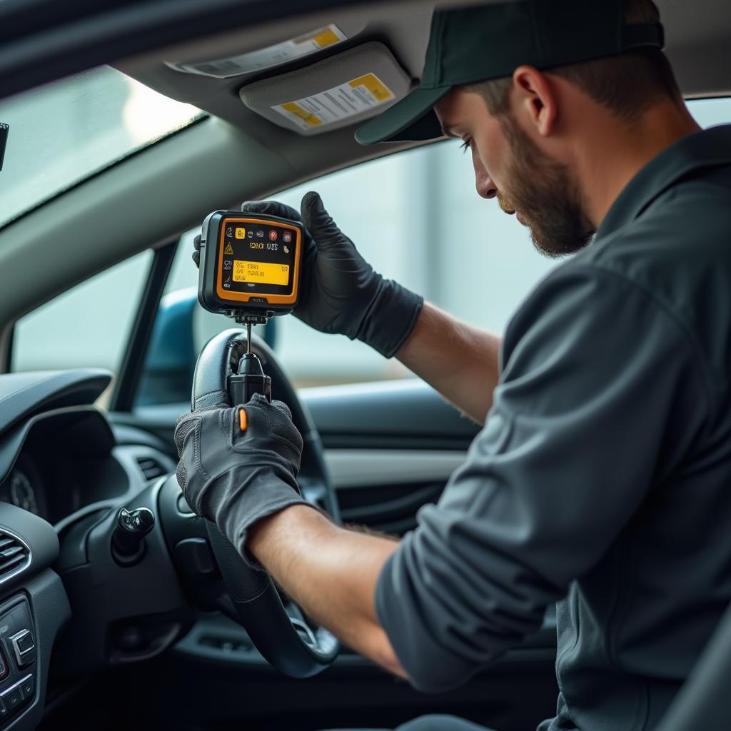 Mechanic inspecting car window