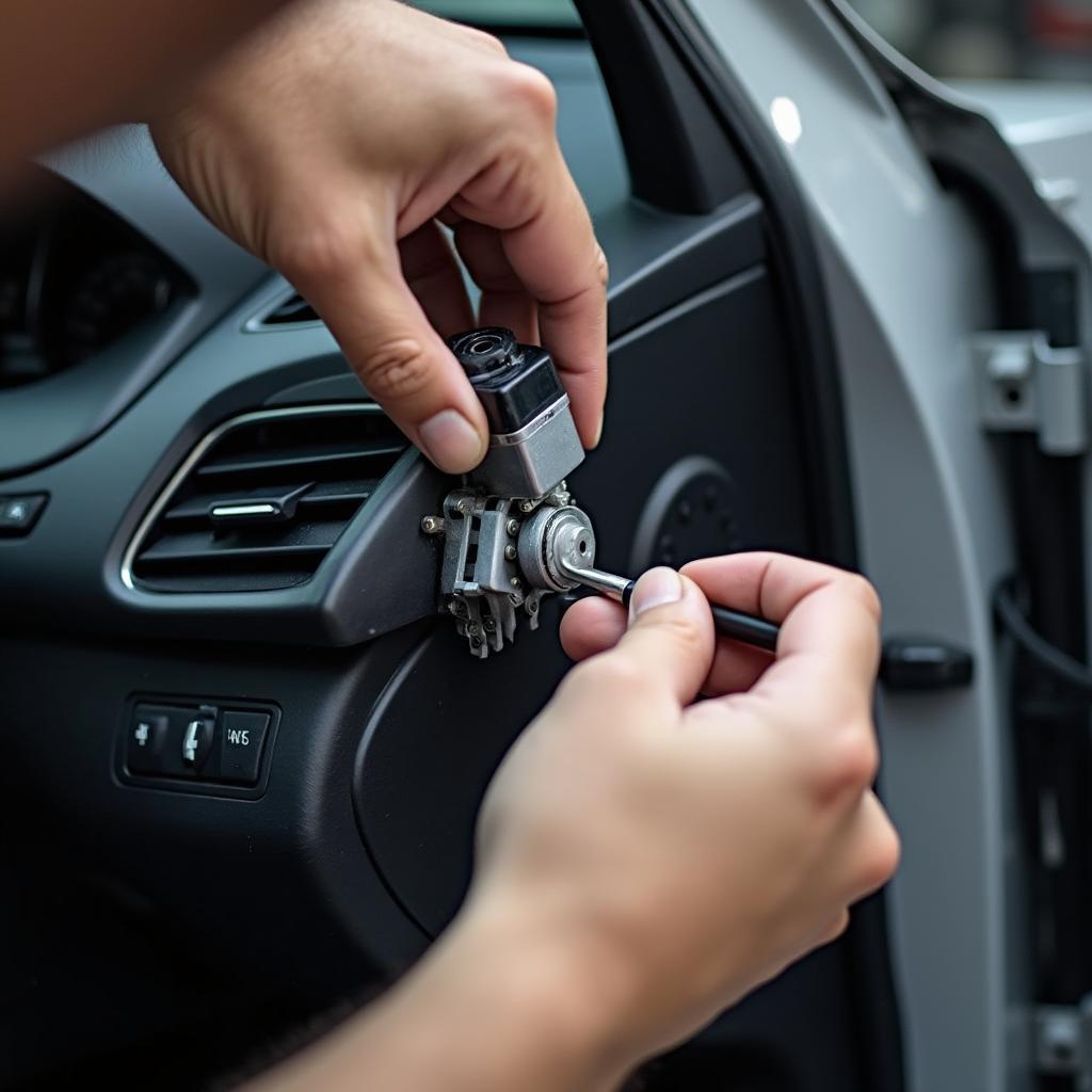 Mechanic inspects a car door's internal components