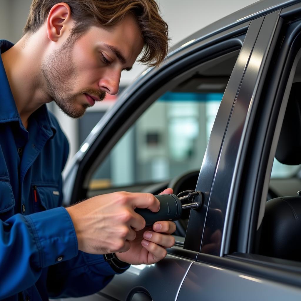 Mechanic Inspecting a Car Window Seal