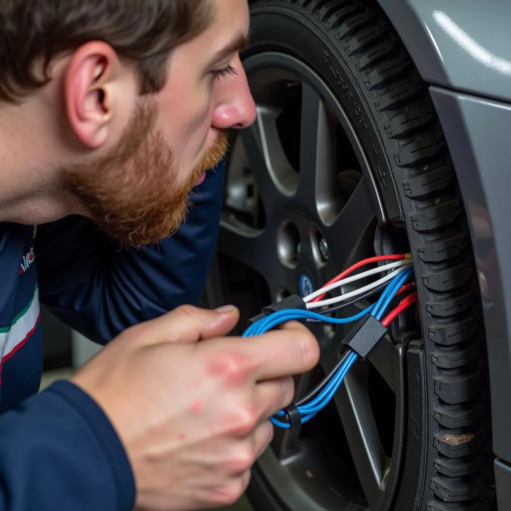 Mechanic Inspecting Car Wiring Harness