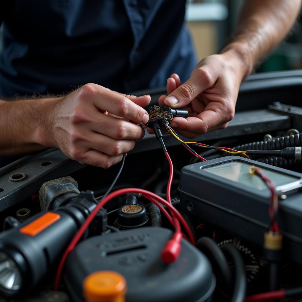 Mechanic Inspecting Car Wiring for Damage and Corrosion