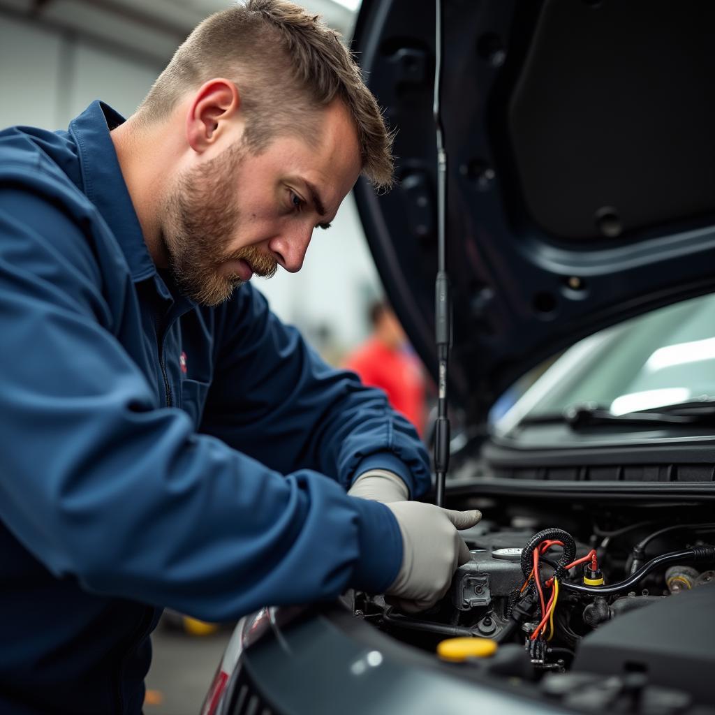 Mechanic Inspecting Car Wiring After Aftermarket Installation