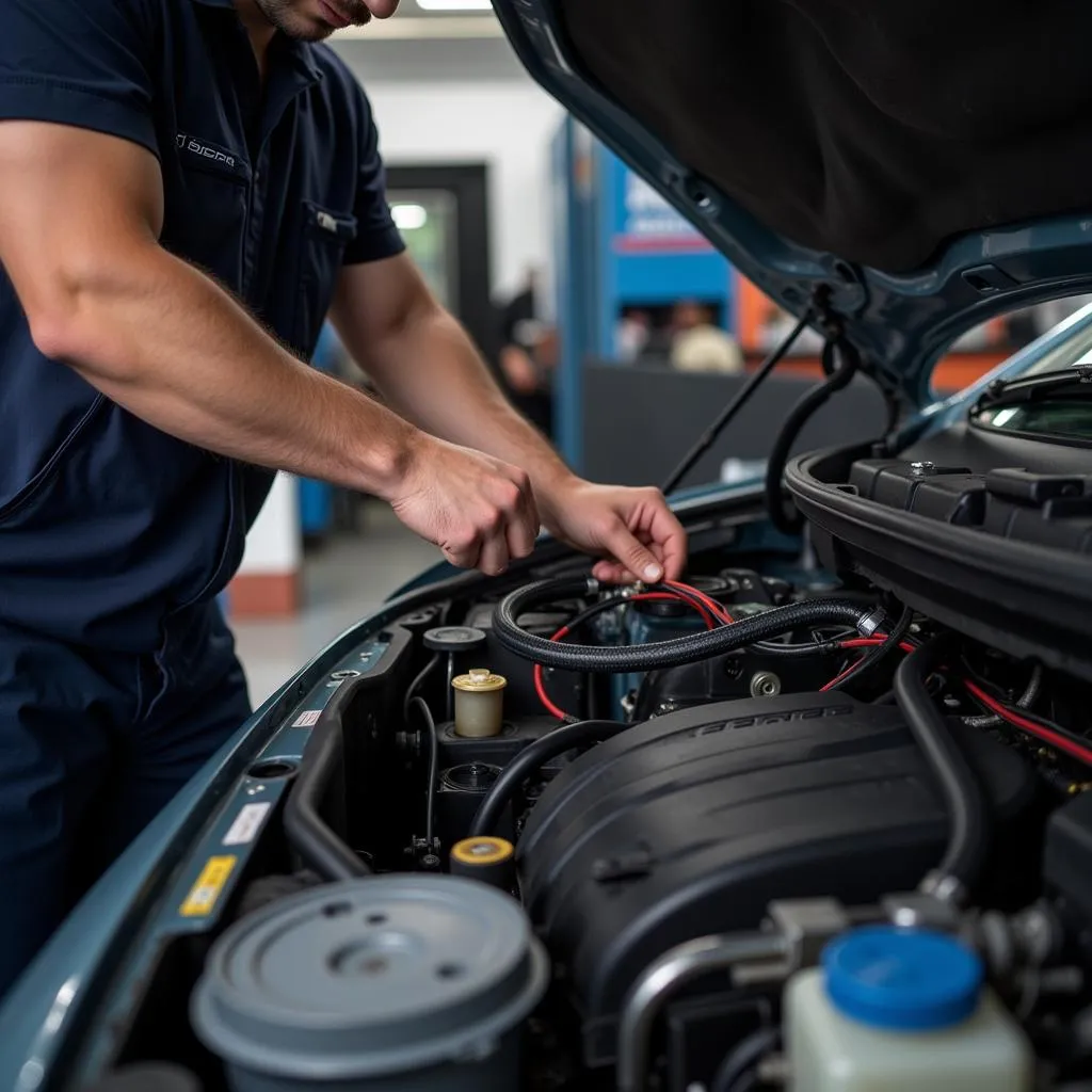 Mechanic inspecting a car wiring harness