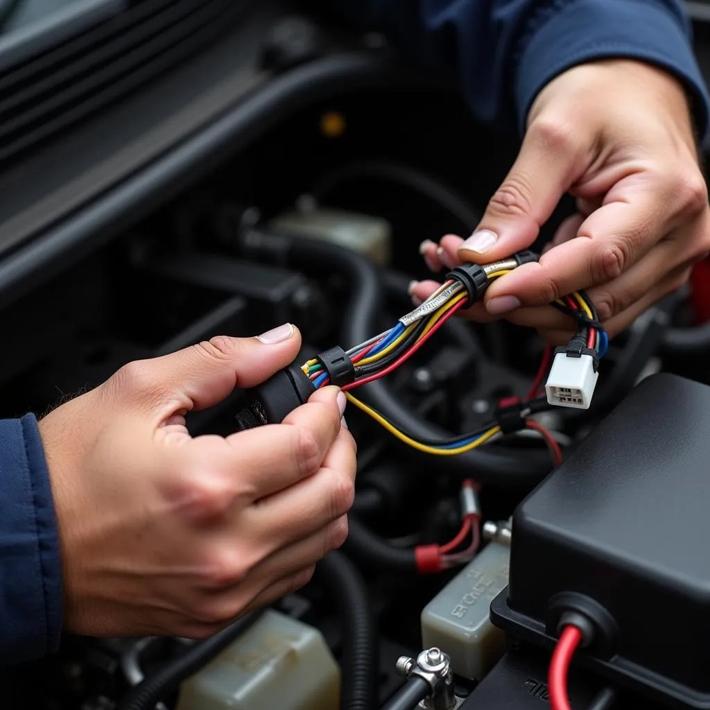 Mechanic inspecting car wiring harness for damage