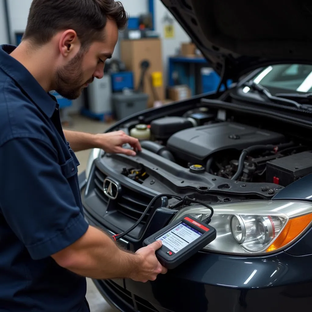 Mechanic Inspecting Car with Diagnostic Tool