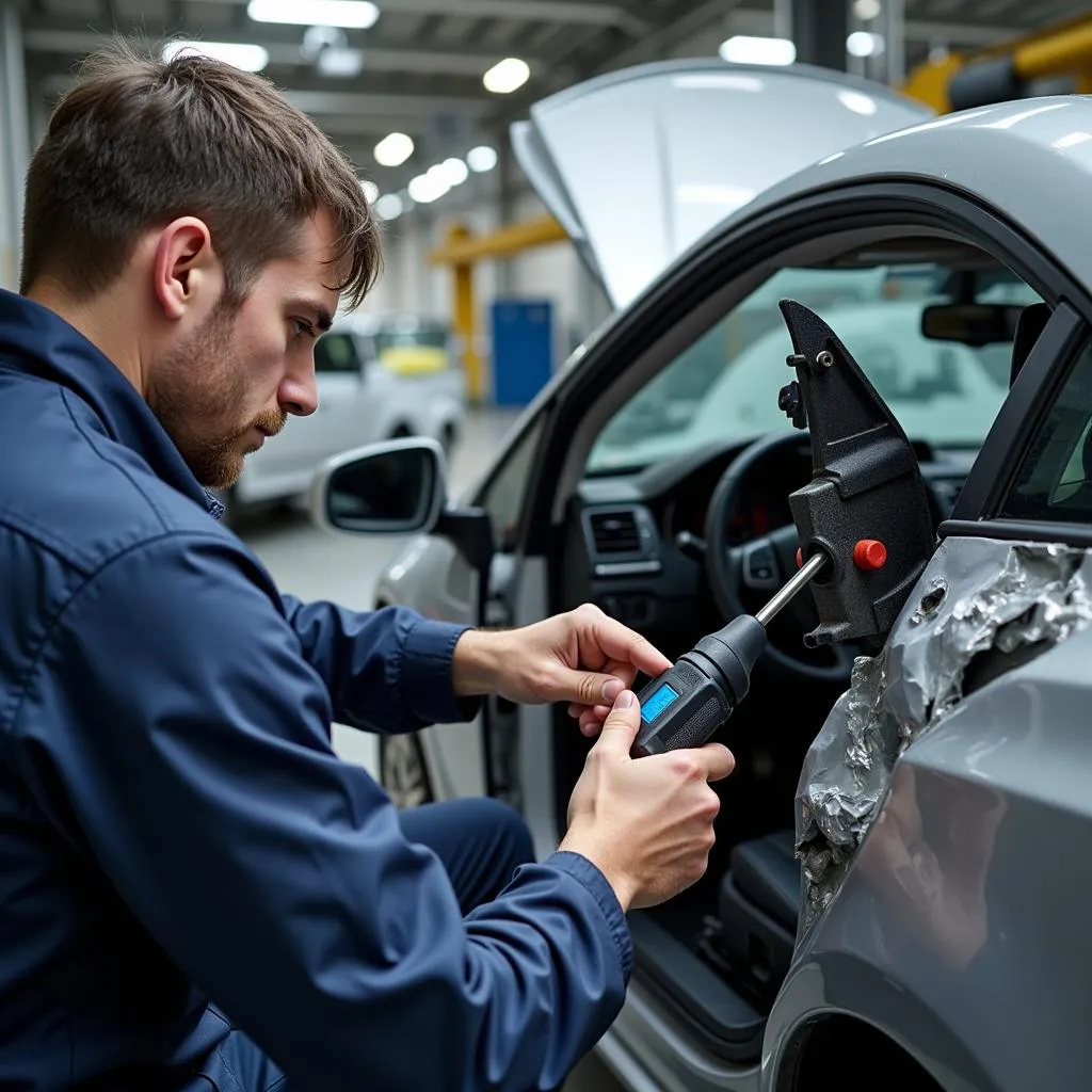 Mechanic Inspecting Damaged Car