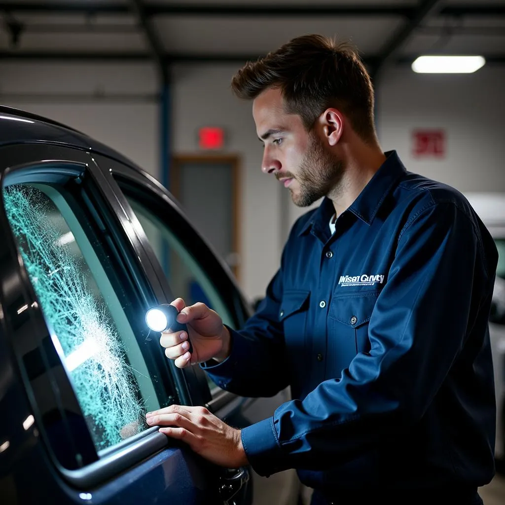 Mechanic Inspecting Smashed Car Window