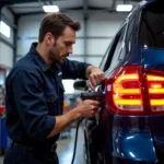 Mechanic inspecting a car tail light in a repair shop