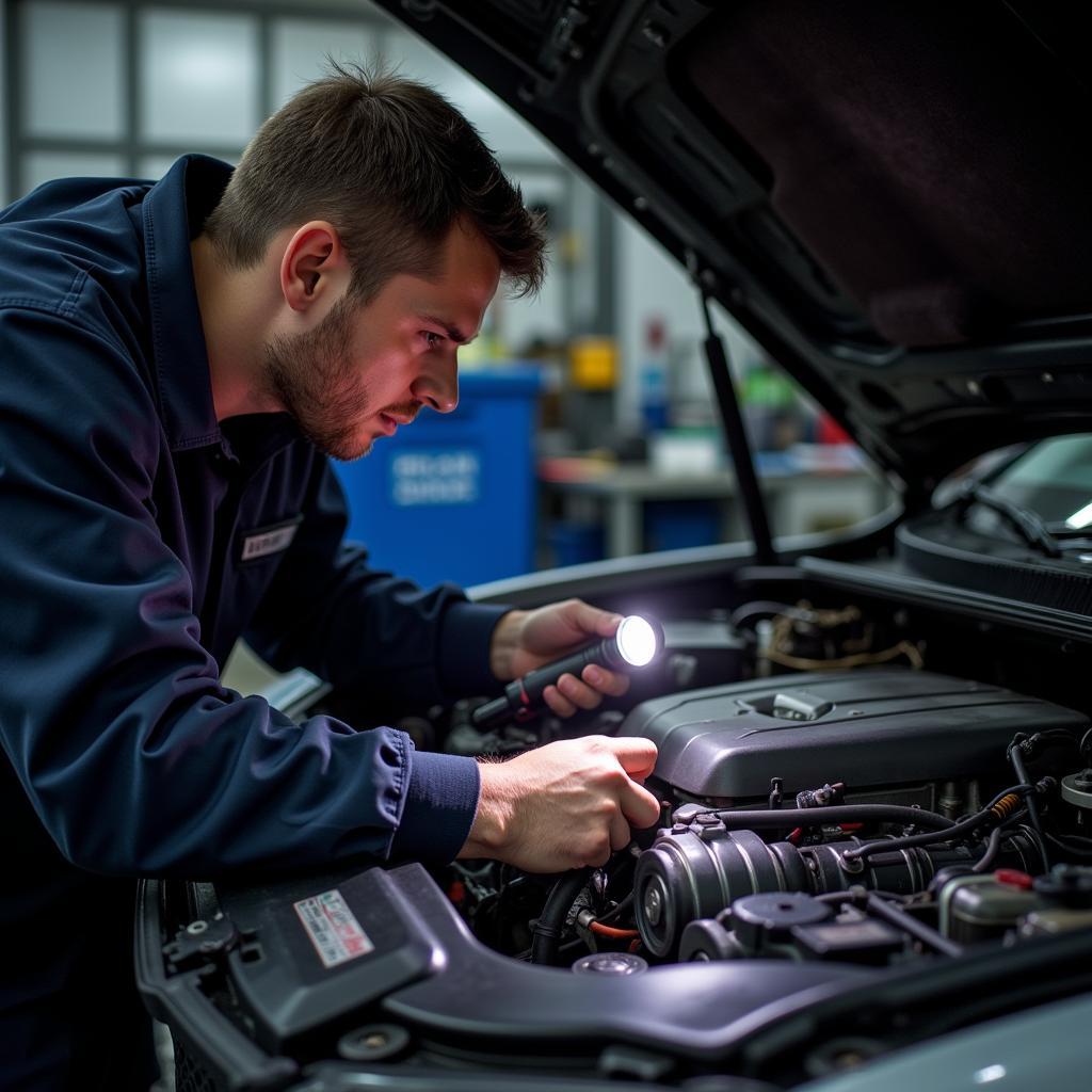 Mechanic Performing Visual Inspection on a Car Engine