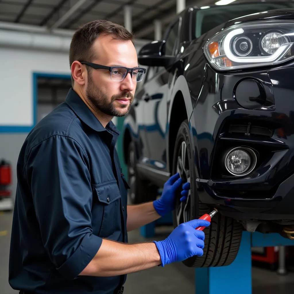 Mechanic Repairing Car Bumper in Workshop