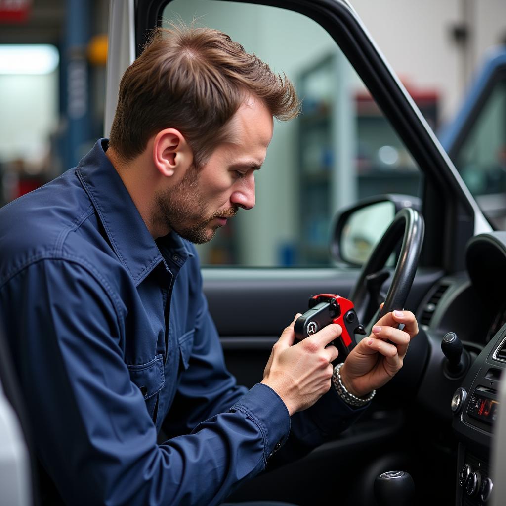 Mechanic working on a car power window